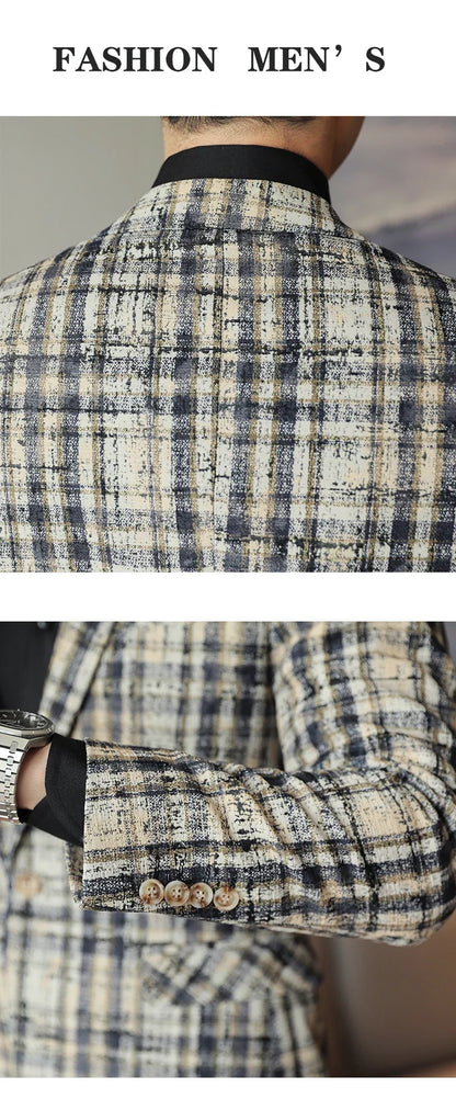 British Style Plaid Woven Casual Suit Jacket for Men Slim Fit Business Social Dress Coats Wedding Party Banquet Office Blazers