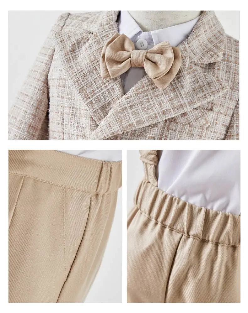 Baby Boys Gentleman Tweed Suit Set Kids Flower Boy Wedding Formal Wear Double Breasted Blazer Khaki Pants Bow Tie Birthday Party