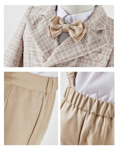 Baby Boys Gentleman Tweed Suit Set Kids Flower Boy Wedding Formal Wear Double Breasted Blazer Khaki Pants Bow Tie Birthday Party
