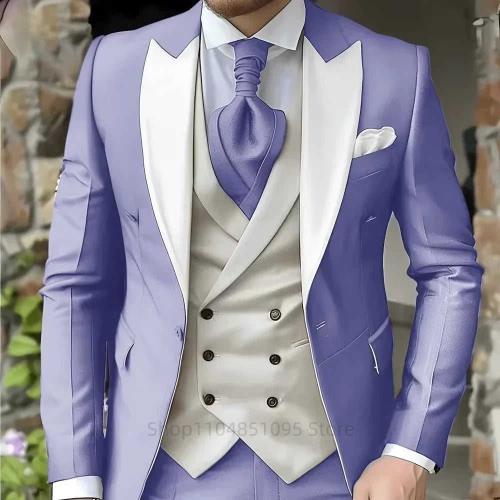 Costumes roses pour hommes Élégant smoking de marié à revers pointu Veste 3 pièces Gilet et pantalon Ensemble de costume formel pour hommes pour affaires et bal de promo
