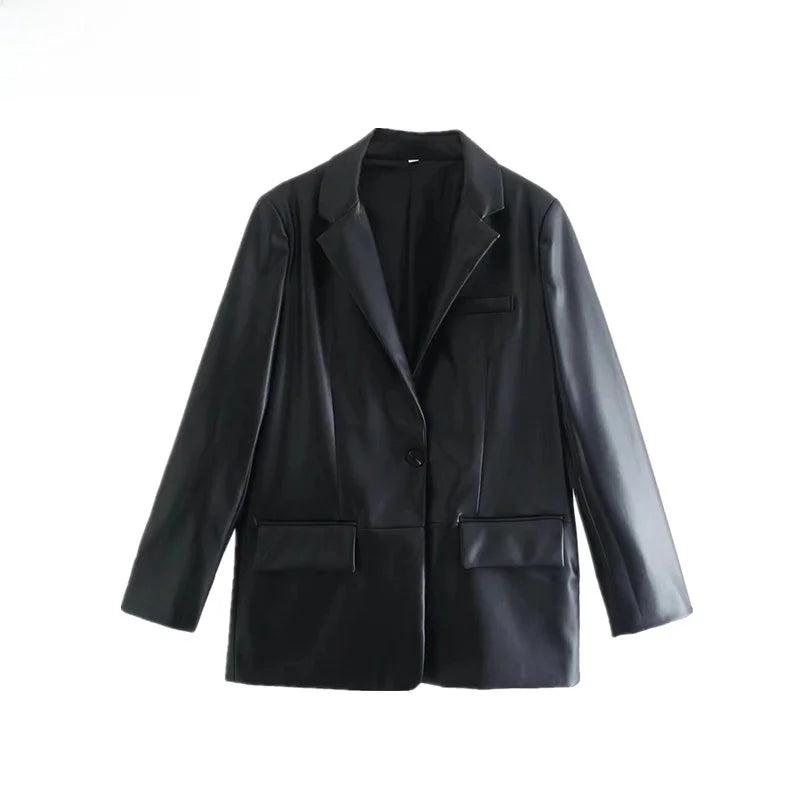 Winter 202 Women's Leather Look Suit Jaet Faionable Commute Sle Long Sve Single Button Closure Regular Length Coat