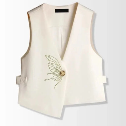 Retro Ladies Solid Color Sleeveless Coat Spring Autumn Women Fashion Embroidered Suit Waistcoat Top Female Irregular Vest Jacket