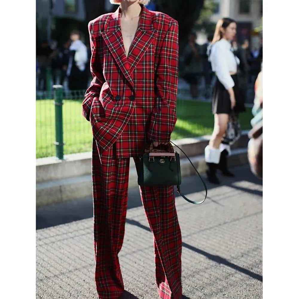 New Women's Two Pieces Pants Sets Double Buttons Classic Elegant Red Plaid Blazer Professional Business Wear Daily Office Suits