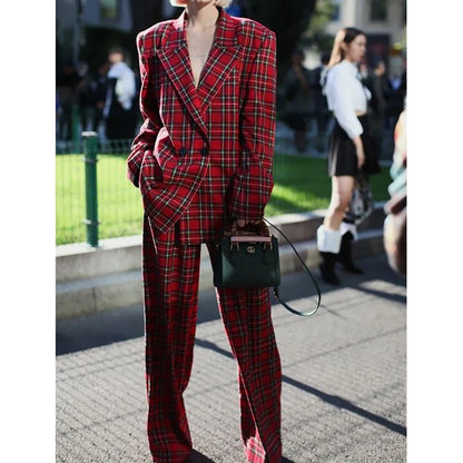 New Women's Two Pieces Pants Sets Double Buttons Classic Elegant Red Plaid Blazer Professional Business Wear Daily Office Suits