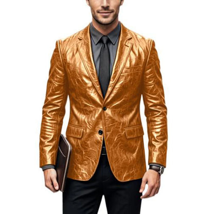 Vintage Wrinkled Men's PU Leather Blazer Slim Fit Notched Lapel Business Suit Jacket Two Button Casual Sport Coats for Office