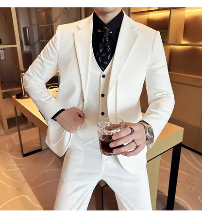 British Style Fake Two-piece Suit Set Men's Wedding Groom Dress 3 Piece Set Suit Vest Trousers Slim Office Business Casual Suits