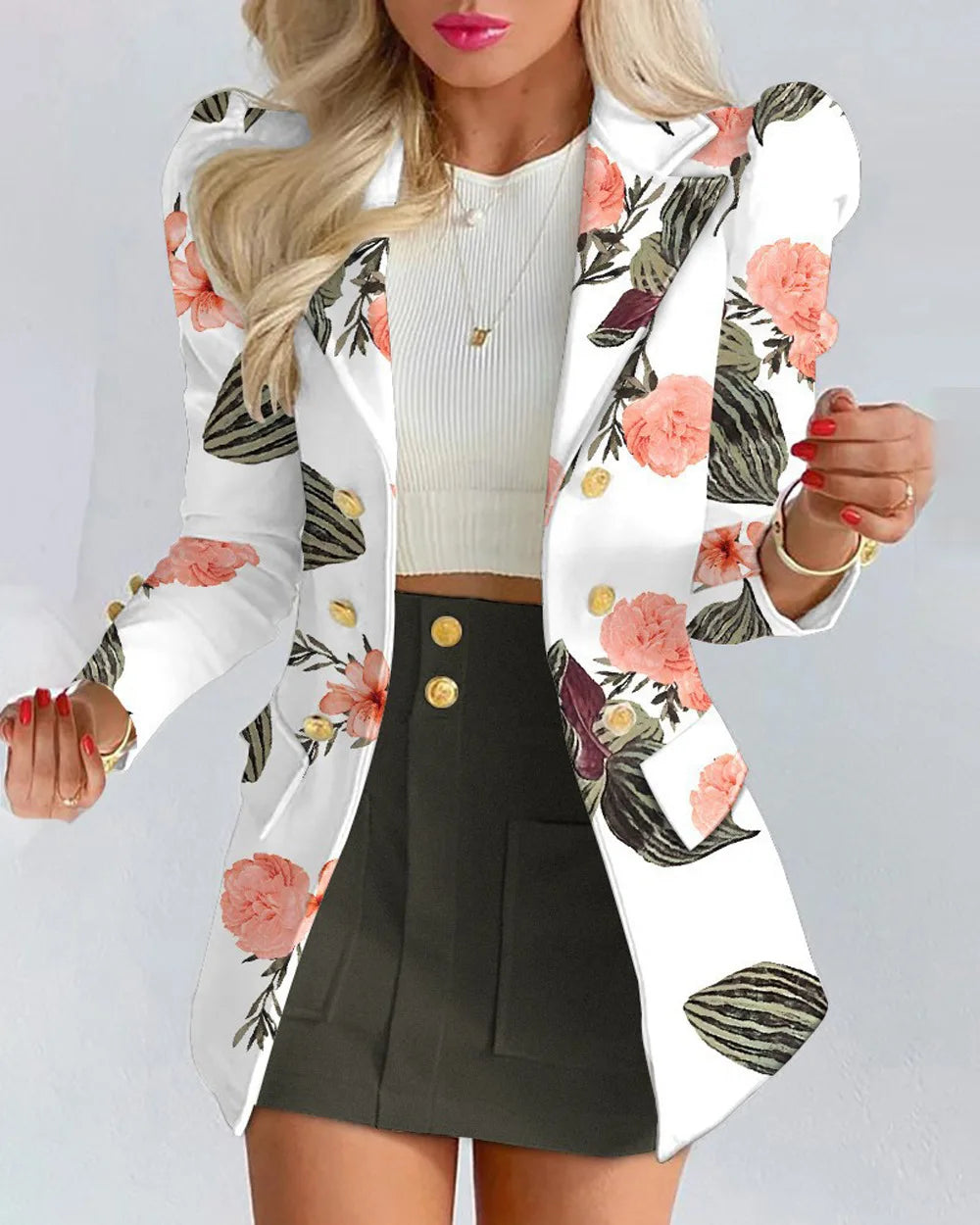 Fashionable Casual Print Long Sleeve Women's Suiting Skirt Ensemble Autumn Commute Wear Polyester Fabric Unisex O2O Sales
