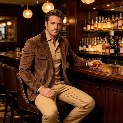 Men's Suede Safari Blazer Slim Fit Notch Lapel Multi-Pocket Hunting Jacket Autumn Winter Casual Business Sport Coat
