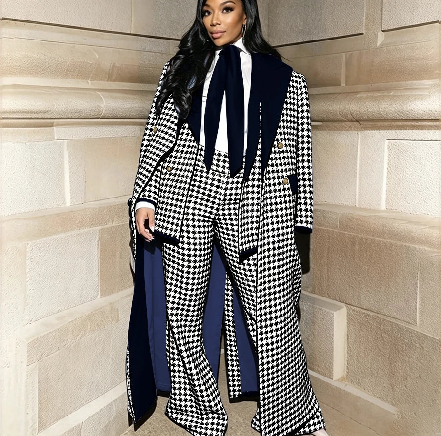 Luxury Houndstooth Women's Jacket+Pants Set Red Stylish Double Breasted Overcoat Formal 3 Pieces Female Evening Party Outfit