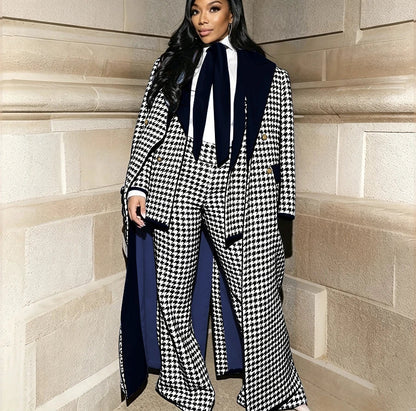 Luxury Houndstooth Women's Jacket+Pants Set Red Stylish Double Breasted Overcoat Formal 3 Pieces Female Evening Party Outfit