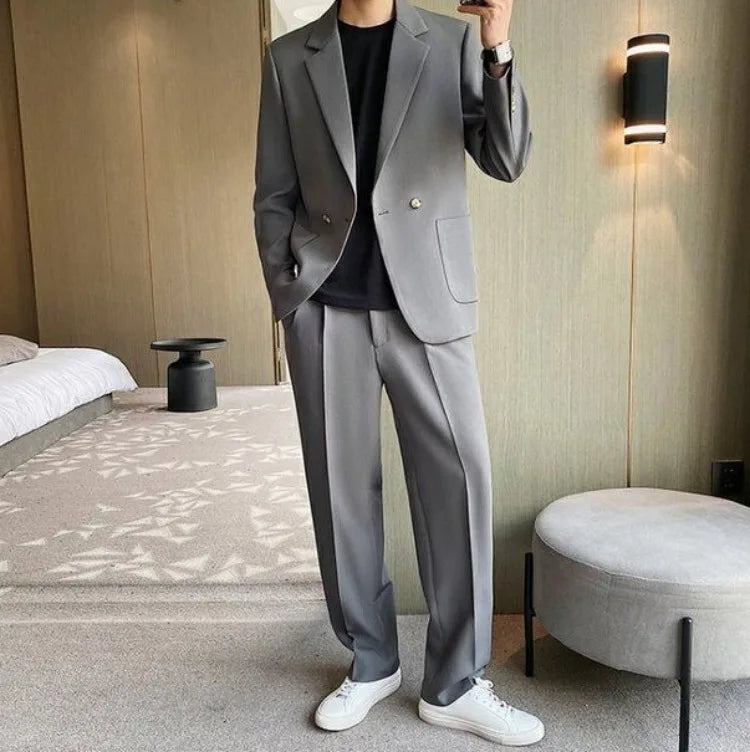 Men's Spring Autumn Casual Blazer Set Korean Slim Fit Lightweight Loose Smart Chic Suit Jacket Fashion Trendy Top