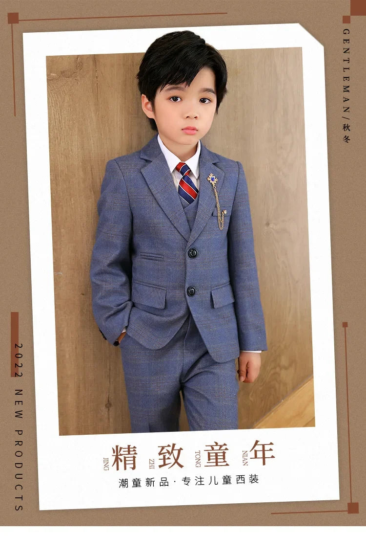 High Quality Boys Plaid Wedding Suits Kids Morning Coat Formal Dress Child Tuxedos Blazer Clothes Sets Toddler School Uniforms