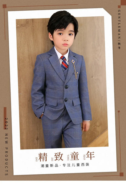 High Quality Boys Plaid Wedding Suits Kids Morning Coat Formal Dress Child Tuxedos Blazer Clothes Sets Toddler School Uniforms