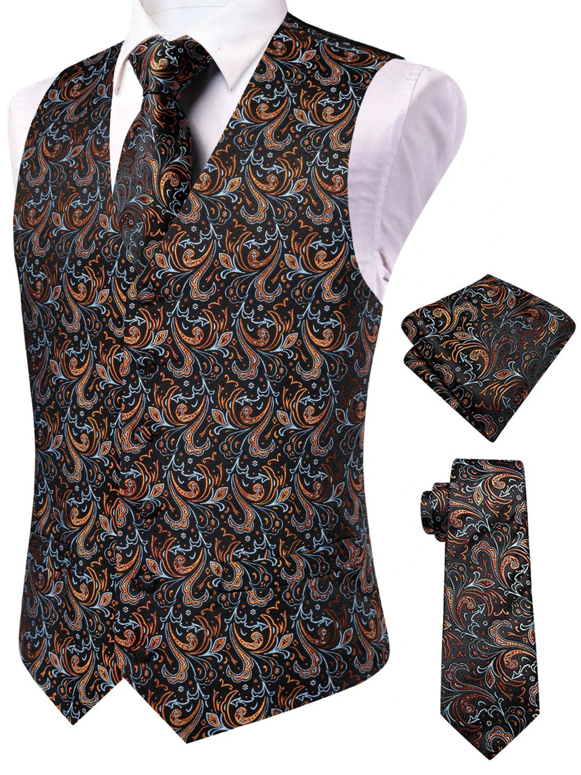 Men's Waistcoat Set Jacquard Floral Black Yellow Formal Wedding Tuxedo