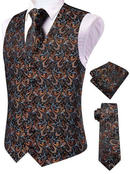 Men's Waistcoat Set Jacquard Floral Black Yellow Formal Wedding Tuxedo