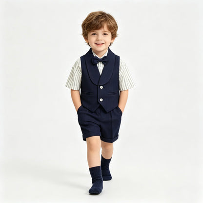 3Pcs Toddler Boy Gray Vest Suit Striped Short Sleeve Shirt Bow Tie Shorts Kids Wedding Baptism Birthday Gentleman Formal Outfit
