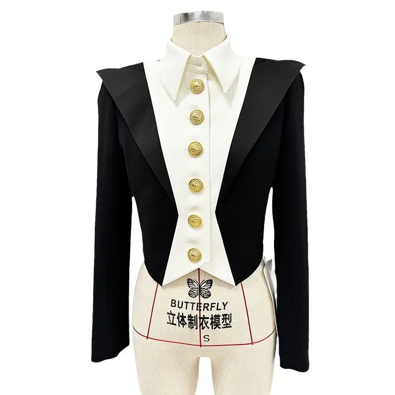 Women Short Blazer Color Block Single Breasted Slim Fit Jacket Turn-down Collar Elegant Coat New Spring Autumn 2026 HK19240