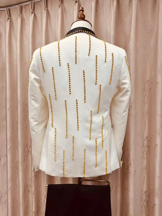 Jacquard Golden Beaded Men's Suits 3 Pieces Banquet Party Wear Elegant Premium Suit Set For Birthday New Long Sleeved Tuxedo
