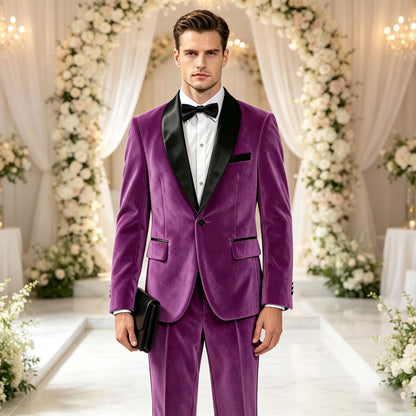 Men's Velvet 2-Piece Tuxedo Suit Satin Shawl Lapel Slim Fit Blazer & Pants for Wedding, Prom & Banquet