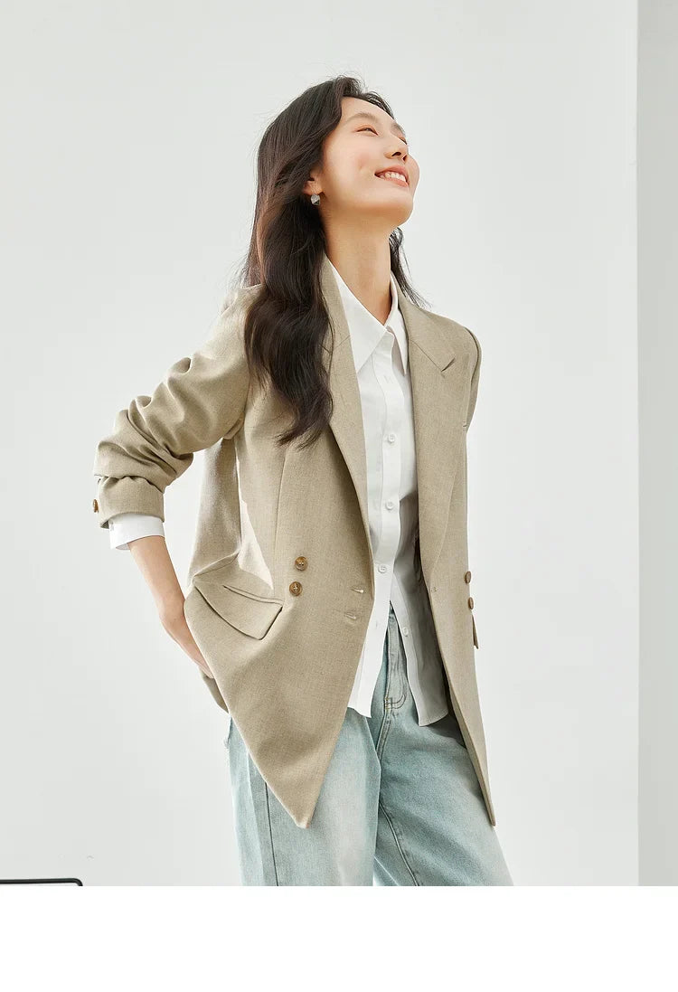 VIMLY Khaki Tailored Coat For Office Ladies 2026 Spring Notched Double Breasted Women Jacket Casual Business Outerwear M5180