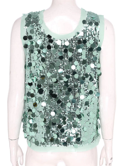 Women's Sleeveless Top Sequins Loose Vest Disco Costume Tank Top Nightclub Fashion Streetwear Shiny Clubwear Rave Party Outfit