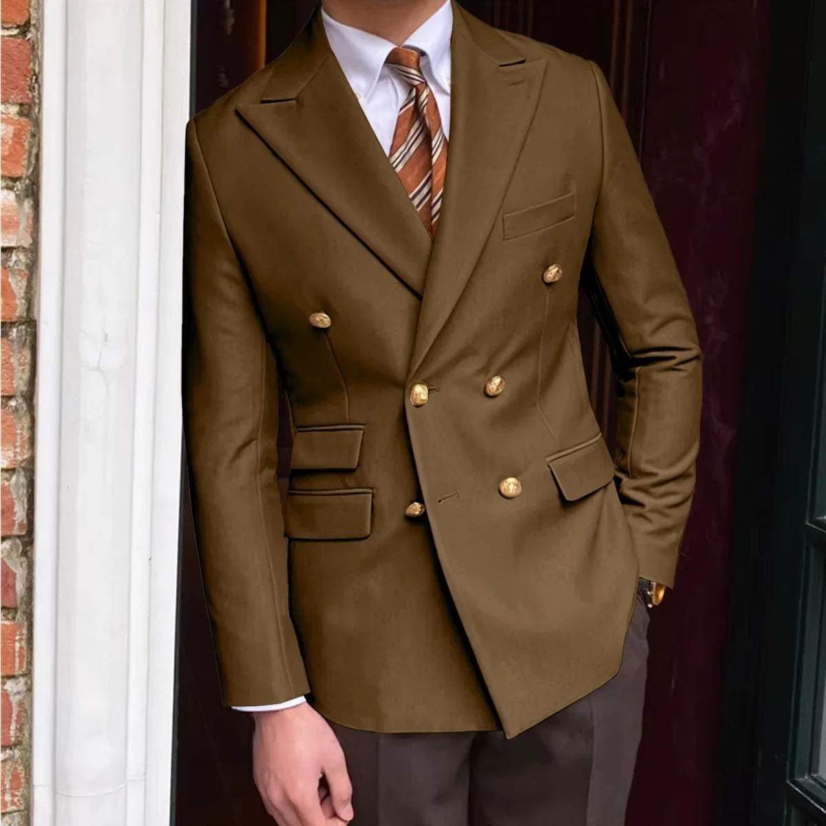 Men's Brown Serge Blazer Double Breasted Peak Lapel Gold Button Slim Fit British Style Fashion Suit Jacket Formal Business Casua