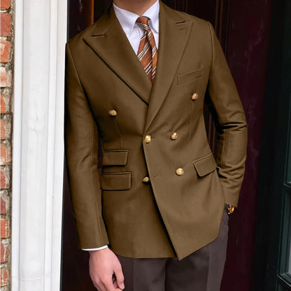 Men's Brown Serge Blazer Double Breasted Peak Lapel Gold Button Slim Fit British Style Fashion Suit Jacket Formal Business Casua