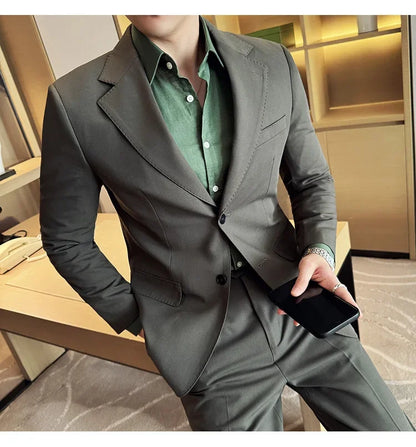 Tencel High Tech Fabric Men Spring Summer Thin Suits 2 Pieces (jacket+pants) Business Casual Office Wedding Groom Dress Suit