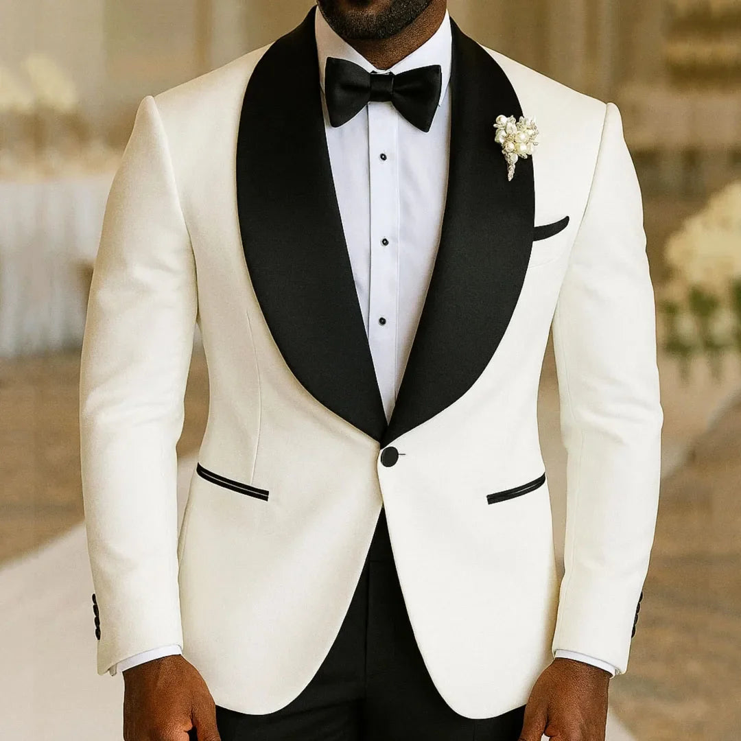 Men Suit 2 Pieces White With Black Lapel Single Button For Wedding Groom Banquet Birthday Party Business Work Jacket And Pants