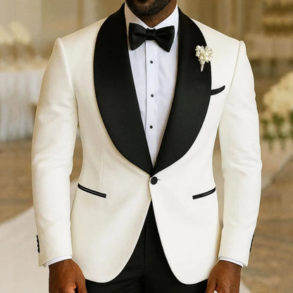 Men Suit 2 Pieces White With Black Lapel Single Button For Wedding Groom Banquet Birthday Party Business Work Jacket And Pants