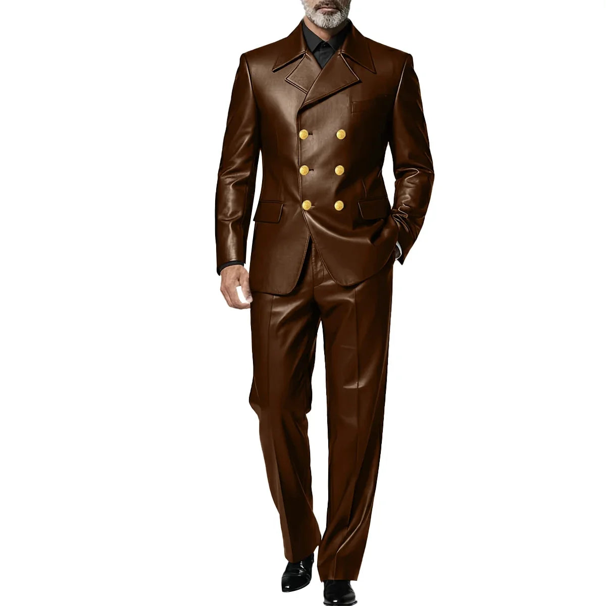 Men's Leather 2 Piece Suit Retro Double Breasted Peak Lapel Slim Fit Blazer Straight Leg Pants Formal Set Business Casual Weddin