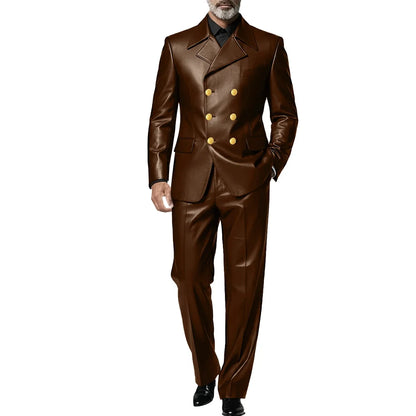 Men's Leather 2 Piece Suit Retro Double Breasted Peak Lapel Slim Fit Blazer Straight Leg Pants Formal Set Business Casual Weddin