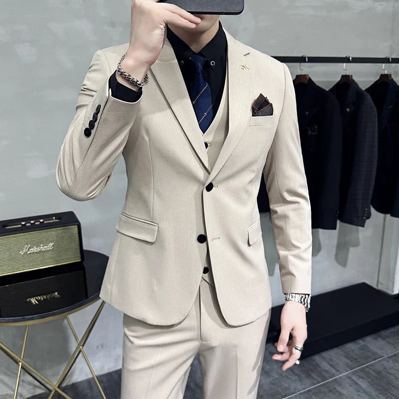 Men's Slim Fit 3-Piece Suit – Solid Color, Smart Casual & Wedding