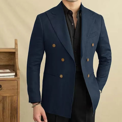 Vintage Men's Linen Blazer Double Breasted Peak Lapel Slim Fit Jacket Breathable Soft Wrinkle Free Business Casual Men Suit Coat