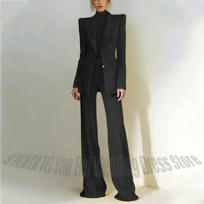 Women Pant Suit 2 Piece Set Office Female Business Work Formal Jacket Trouser One Button Chic Yellow Peaked Lapel Elegant Suit