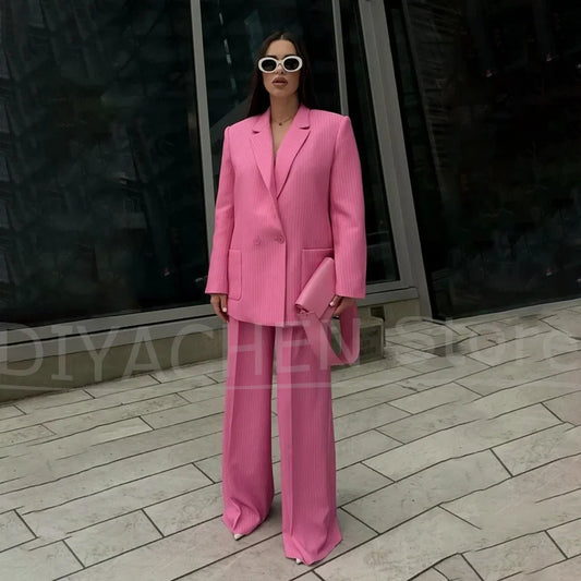 Women Pink Striped Two Pieces Suit Oversized Double Breasted Blazer And Trousers Elegant Office Business Party Daily Outfit