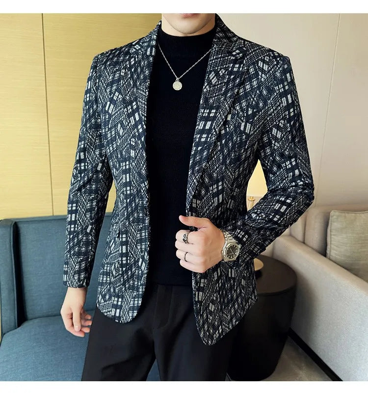 Korean Slim Fit Casual Suit Jacket for Men Fashion Camouflage Business Social Blazers Wedding Streetwear Dress Coat Men Clothing