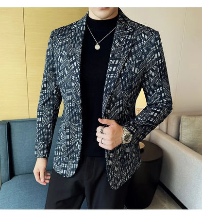 Korean Slim Fit Casual Suit Jacket for Men Fashion Camouflage Business Social Blazers Wedding Streetwear Dress Coat Men Clothing