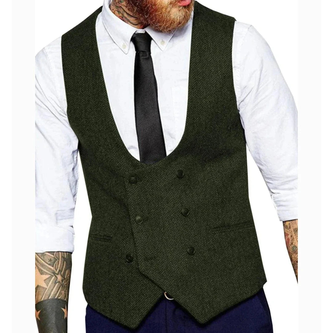 Men's Vest Herringbone Double Button Waistcoat for Weddings & Formal Occasions – Army Green