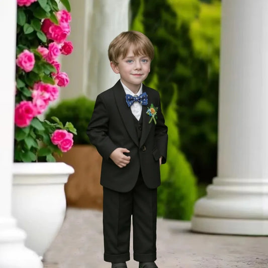 Kids Spring Autumn 5Pieces Balzer Set With Jacket Vest Pants Bowtie Brooch Boys Formal Wedding Birthday Party Suit