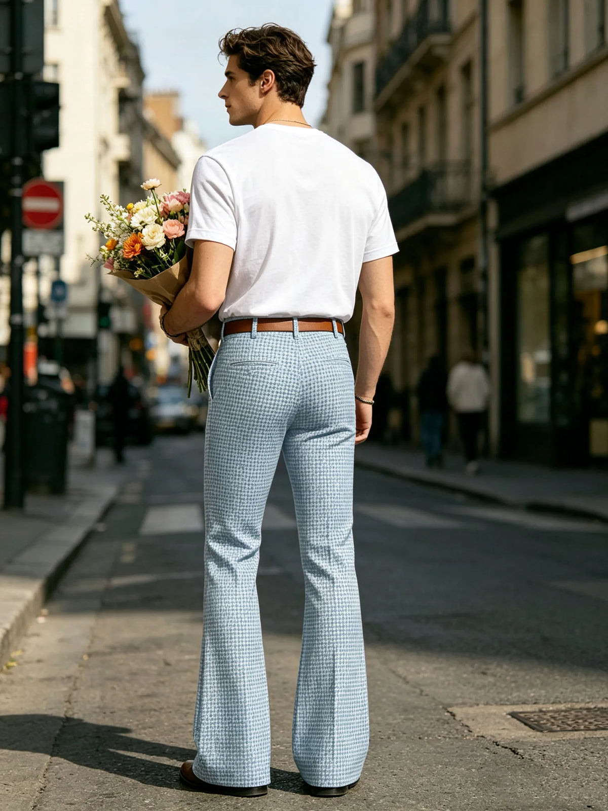 Houndstooth Patten Men Bell Bottom Pants Vintage Adjustable Waist Flared Trousers 60s70s Disco Man Slim Fit Pant For Dance Party