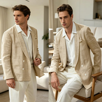 Summer Cotton Linen Blend Men Blazer Double Breasted Casual Suit Jacket Lightweight Soft Elegant Dress Coat For Prom Work Party