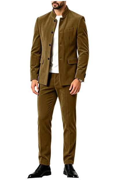 Men's Corduroy 2-Piece Suit – Mandarin Collar Single Breasted Blazer & Pants for Business & Formal Occasions