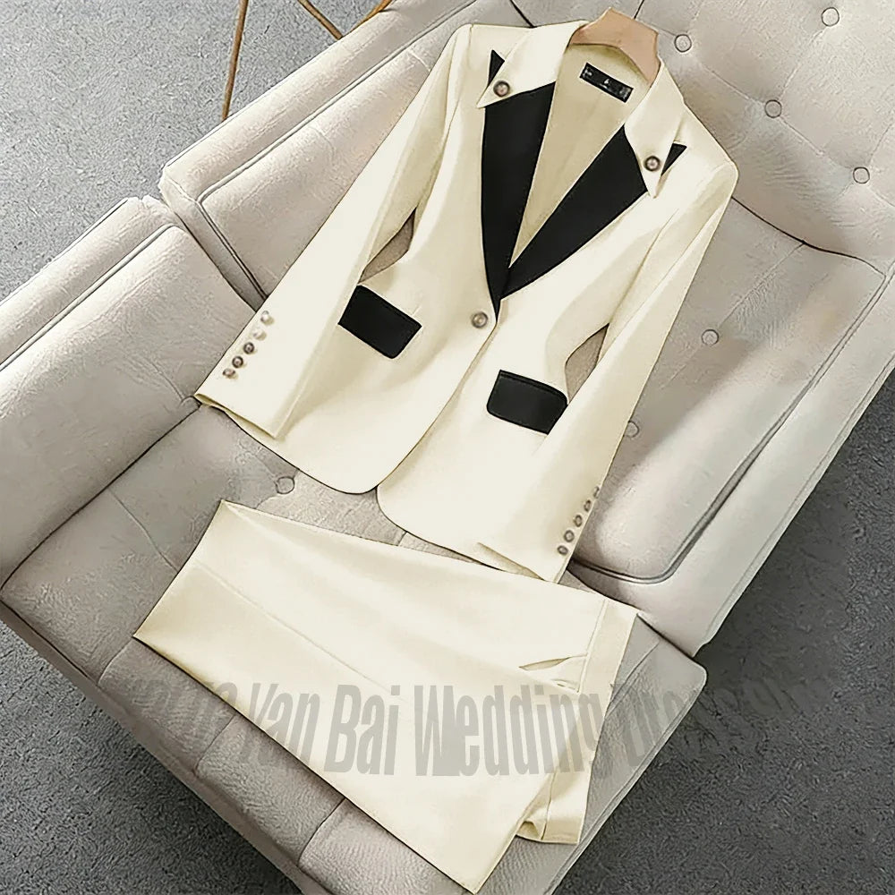 New Unique Women Pant Suit Contrast Color Modern Outfit One-Button Peaked Lapel Casual Fashion Daily Female Clothes Set 2 Piece