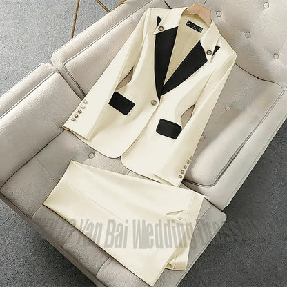 New Unique Women Pant Suit Contrast Color Modern Outfit One-Button Peaked Lapel Casual Fashion Daily Female Clothes Set 2 Piece