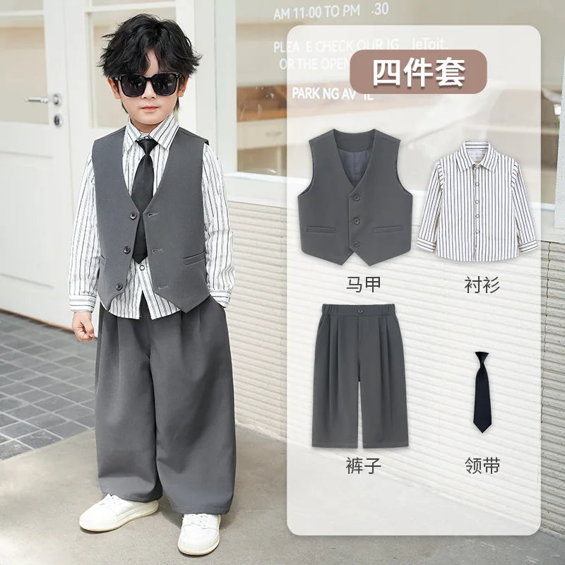 School Boys Double Breasted Blazer Suit Set with Wide Leg Pants Formal Streetwear Outfit for Kids Toddlers Wedding Birthday Part