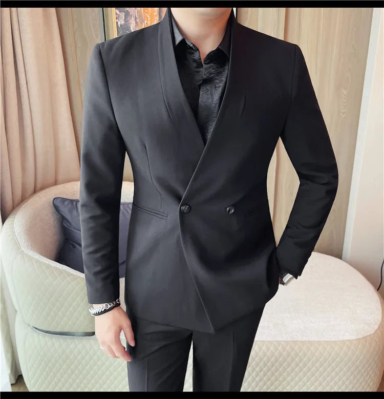 Autumn Winter Collarless Gentleman's Suit Jacket Men's Dinner Party Formal Dress Coats Blazers Wedding Business Suit Jackets