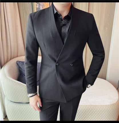 Autumn Winter Collarless Gentleman's Suit Jacket Men's Dinner Party Formal Dress Coats Blazers Wedding Business Suit Jackets