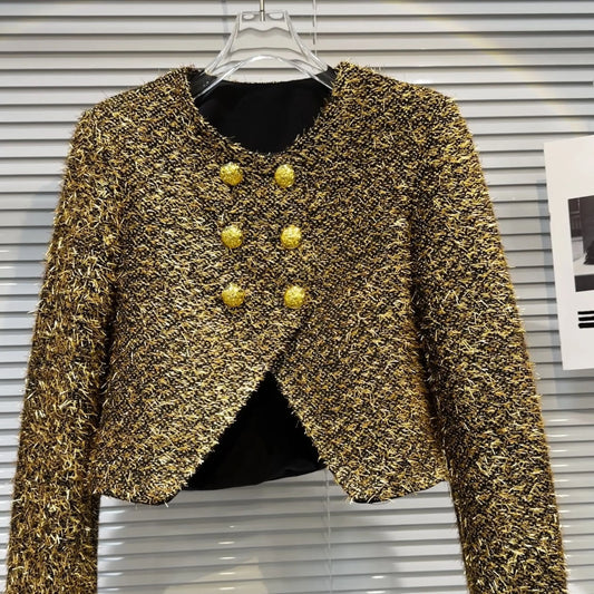 Shiny Thread Metal Buckle Short Outerwear Women's Style Quilted Jacket Autumn New Arrival Small Fragrance Wind Side Button