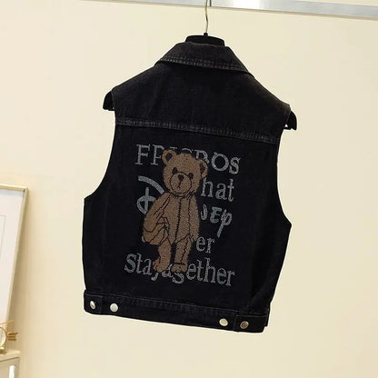 Women's Hot Drill Denim Vest Cropped Sleeveless Top Korean Fashion Streetwear Diamond Designer Vest Coat Trendy Jeans Waistcoat
